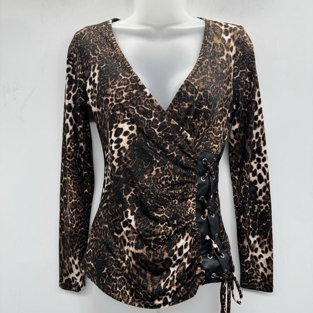 Venus Lace Up Wrap Style Top Sz S Brown Leopard Print Jersey Y2K Glam Corset
